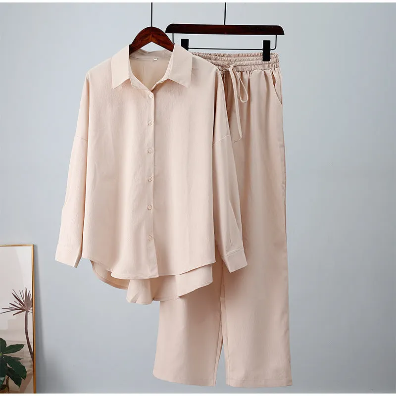 Women's Casual Loose Elastic Long-sleeved Shirt and Wide-leg Pants Outfit Set