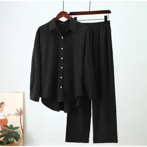 Women's Casual Loose Elastic Long-sleeved Shirt and Wide-leg Pants Outfit Set