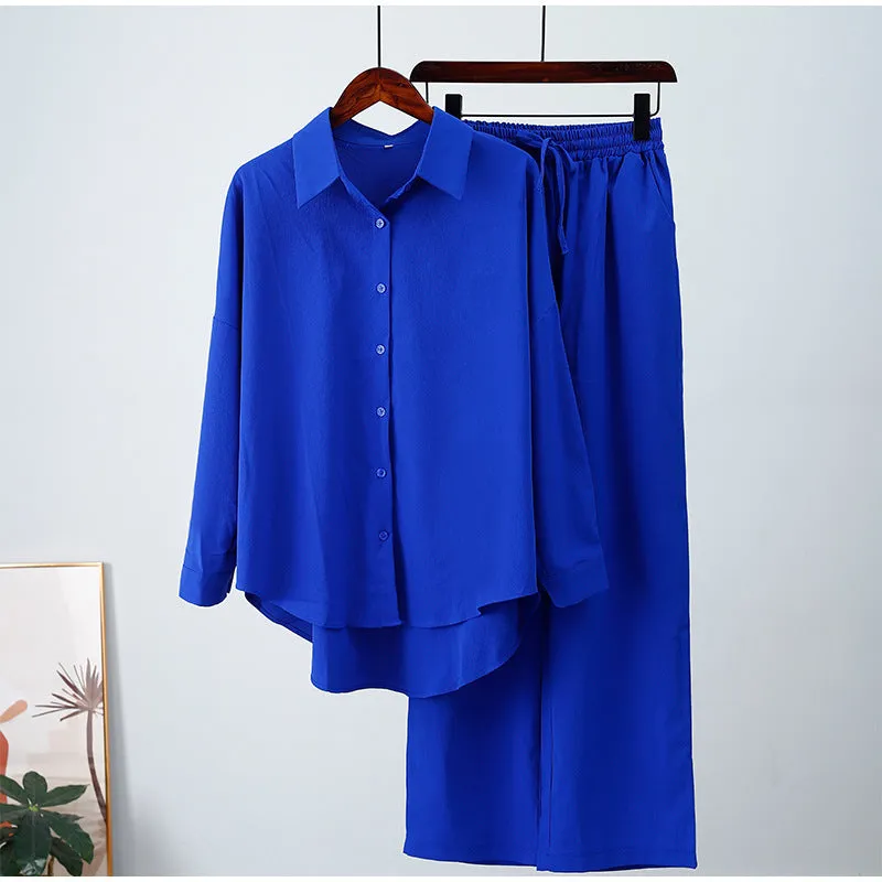 Women's Casual Loose Elastic Long-sleeved Shirt and Wide-leg Pants Outfit Set