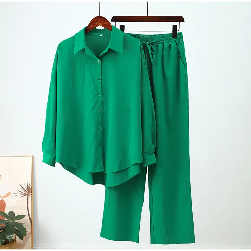 Women's Casual Loose Elastic Long-sleeved Shirt and Wide-leg Pants Outfit Set