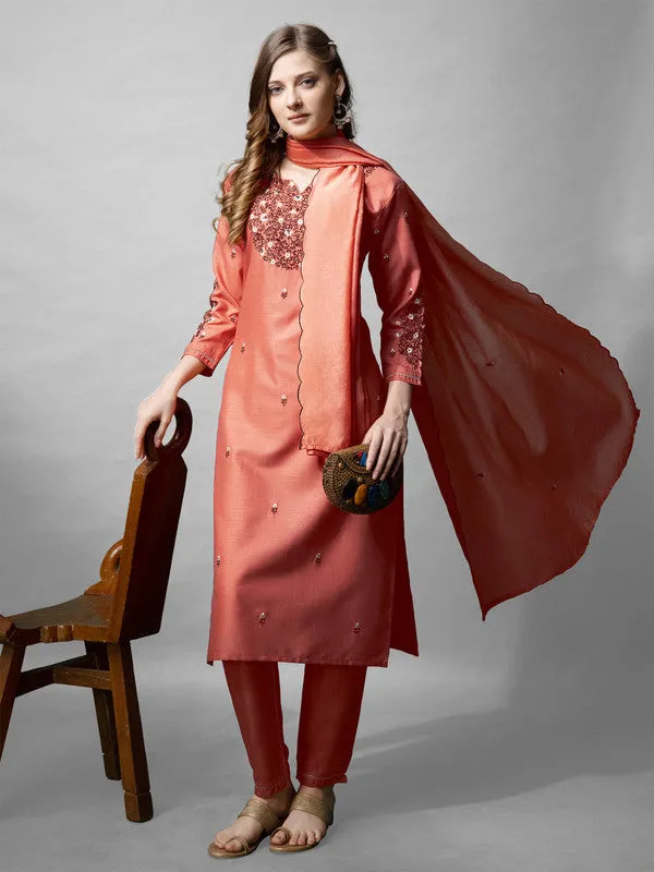 Womens Coral Embroidered Cotton Blend Kurta Pant Set With Dupatta