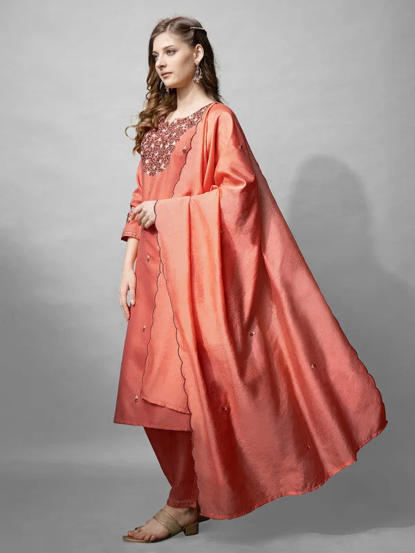 Womens Coral Embroidered Cotton Blend Kurta Pant Set With Dupatta