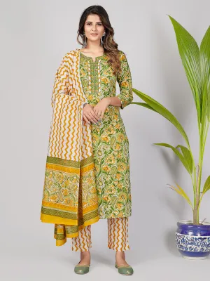 Women'S Printed Light Green Kurta & Pant With Dupatta- (3Pcs Set)