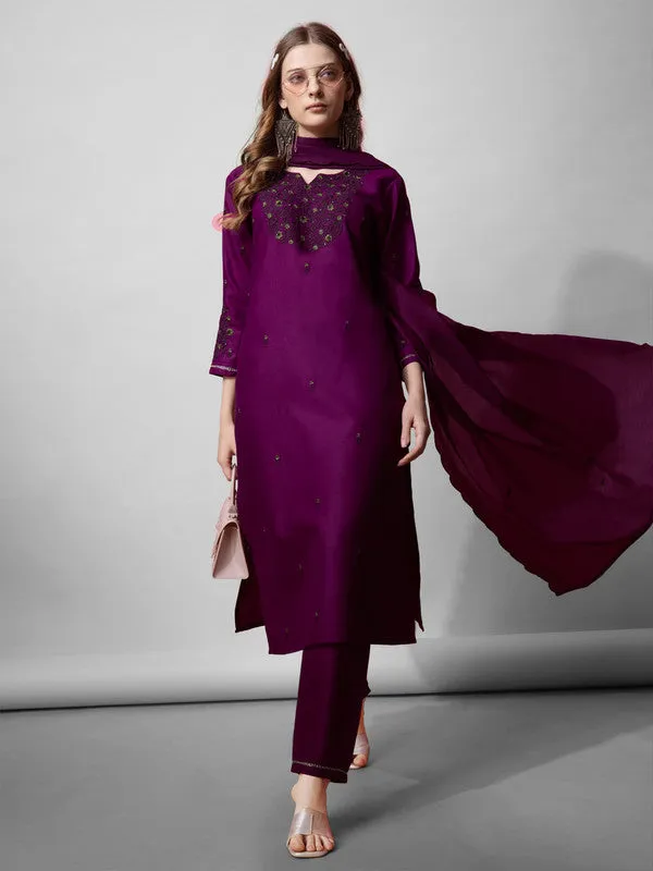 Womens Purple Embroidered Cotton Blend Kurta Pant Set With Dupatta