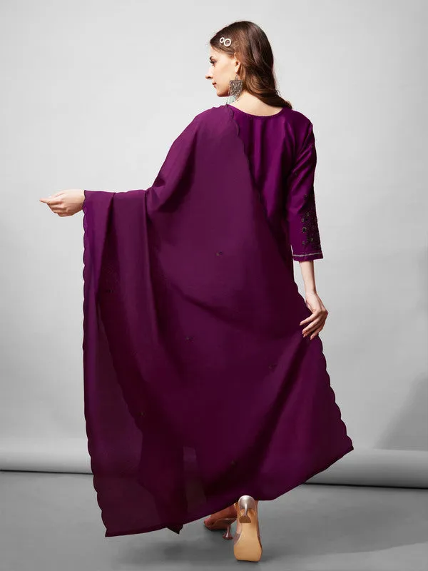 Womens Purple Embroidered Cotton Blend Kurta Pant Set With Dupatta