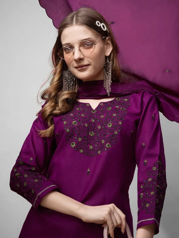 Womens Purple Embroidered Cotton Blend Kurta Pant Set With Dupatta