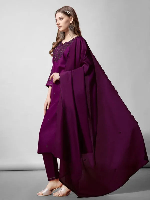 Womens Purple Embroidered Cotton Blend Kurta Pant Set With Dupatta