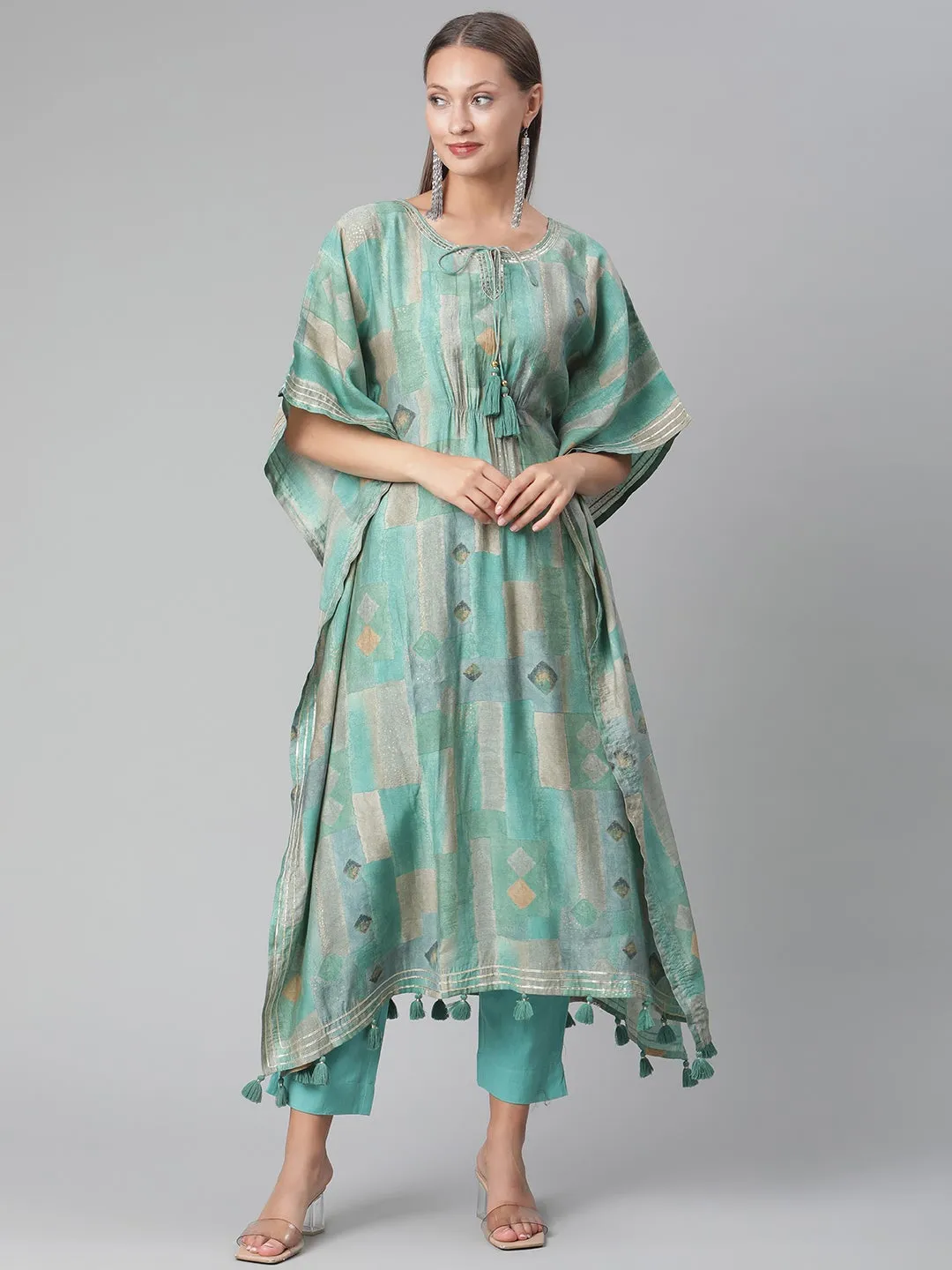 Women'S Sea Green Rayon Kaftan Pant Set