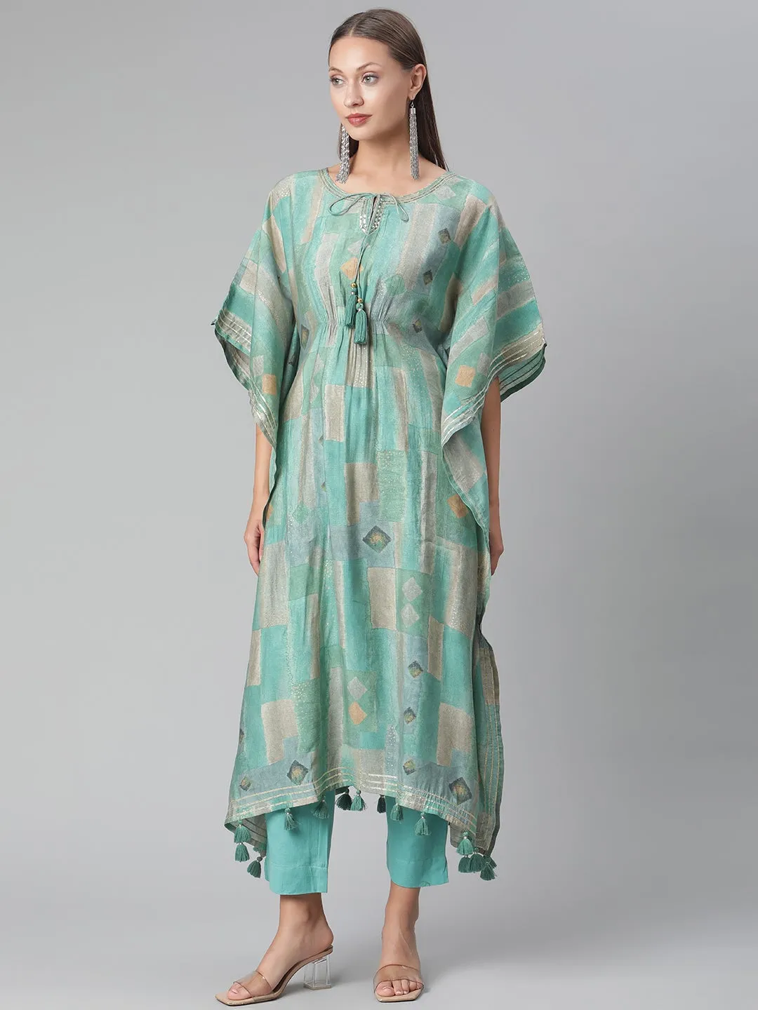 Women'S Sea Green Rayon Kaftan Pant Set