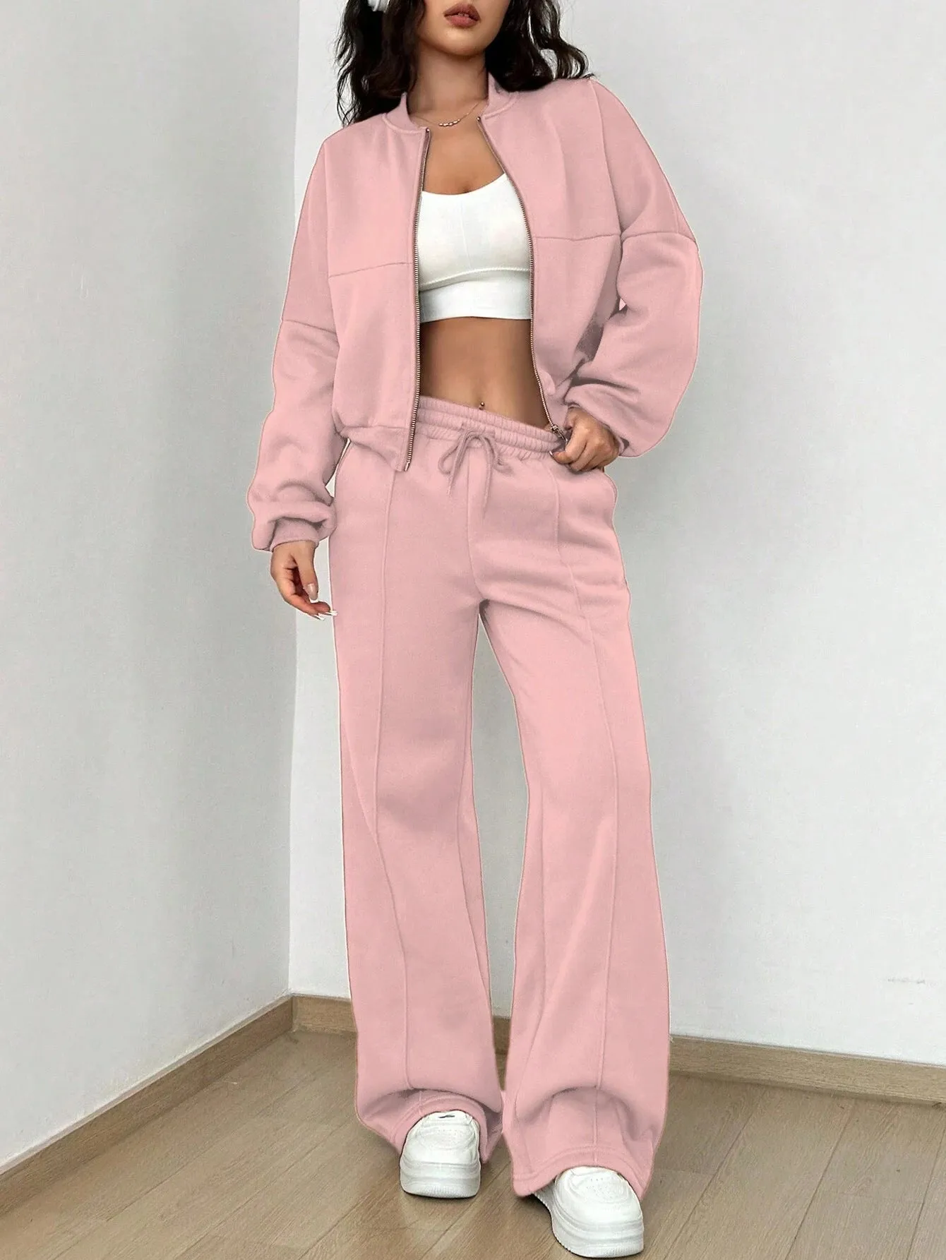 Women's Zip-up Slim Fit Elastic Two-piece Outfit Set