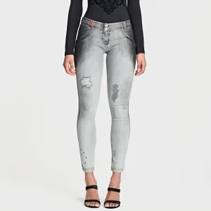 WR.UP® Distressed Denim - Mid Waist - Full Length - Grey   Yellow Stitching