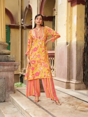 Yellow Floral & Striped Crepe Silk Kurta with Palazzo