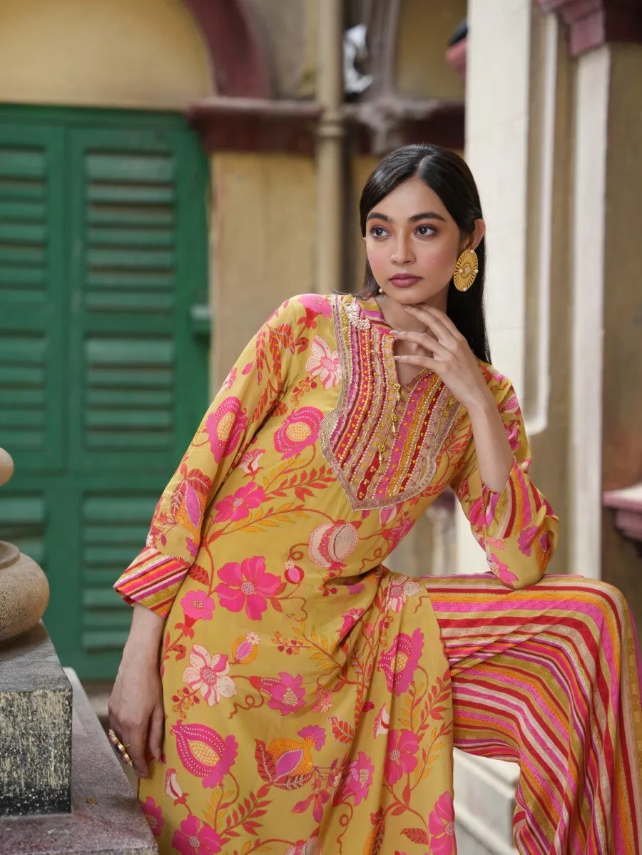 Yellow Floral & Striped Crepe Silk Kurta with Palazzo