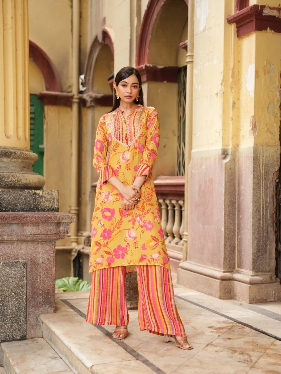 Yellow Floral & Striped Crepe Silk Kurta with Palazzo