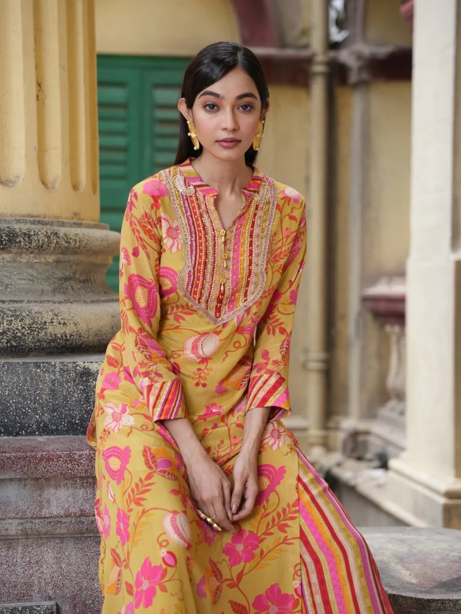 Yellow Floral & Striped Crepe Silk Kurta with Palazzo