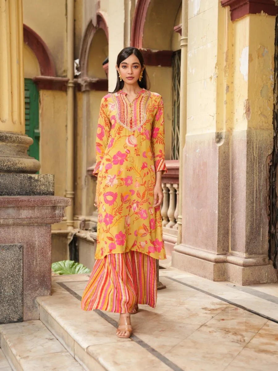 Yellow Floral & Striped Crepe Silk Kurta with Palazzo